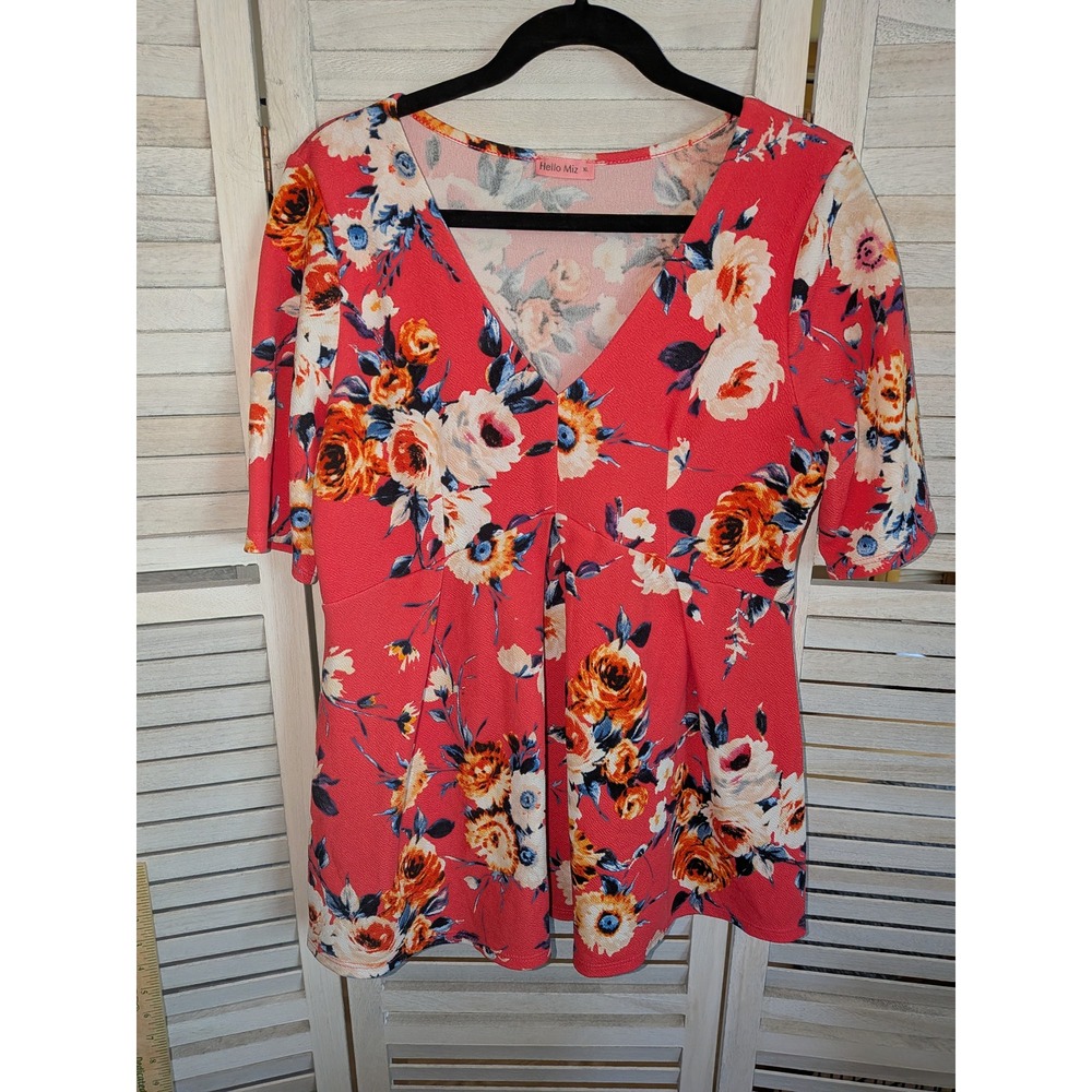 Hello Miz‎ Maternity Top XL Coral Red Floral V-Neck Empire Waist Short Sleeve
